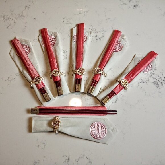 Vintage Chinese Silk Linen Chopsticks Napkin Set (6)